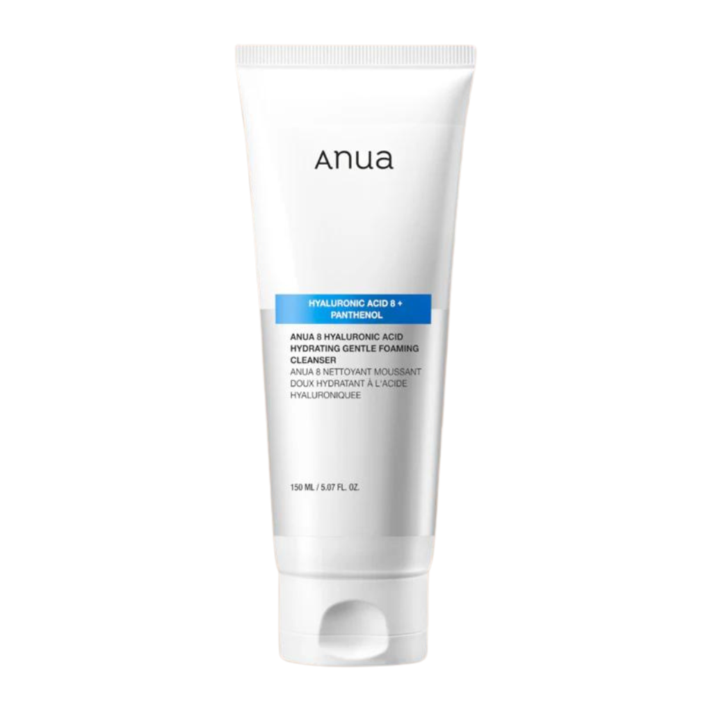 Imagem de Anua 8 Hyaluronic Acid Hydrating Gentle Foaming Cleanser, com limpeza suave e hidratação profunda, ideal para pele sensível e seca.