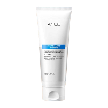 Imagem de Anua 8 Hyaluronic Acid Hydrating Gentle Foaming Cleanser, com limpeza suave e hidratação profunda, ideal para pele sensível e seca.