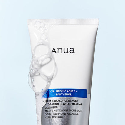 Imagem de Anua 8 Hyaluronic Acid Hydrating Gentle Foaming Cleanser, com limpeza suave e hidratação profunda, ideal para pele sensível e seca.