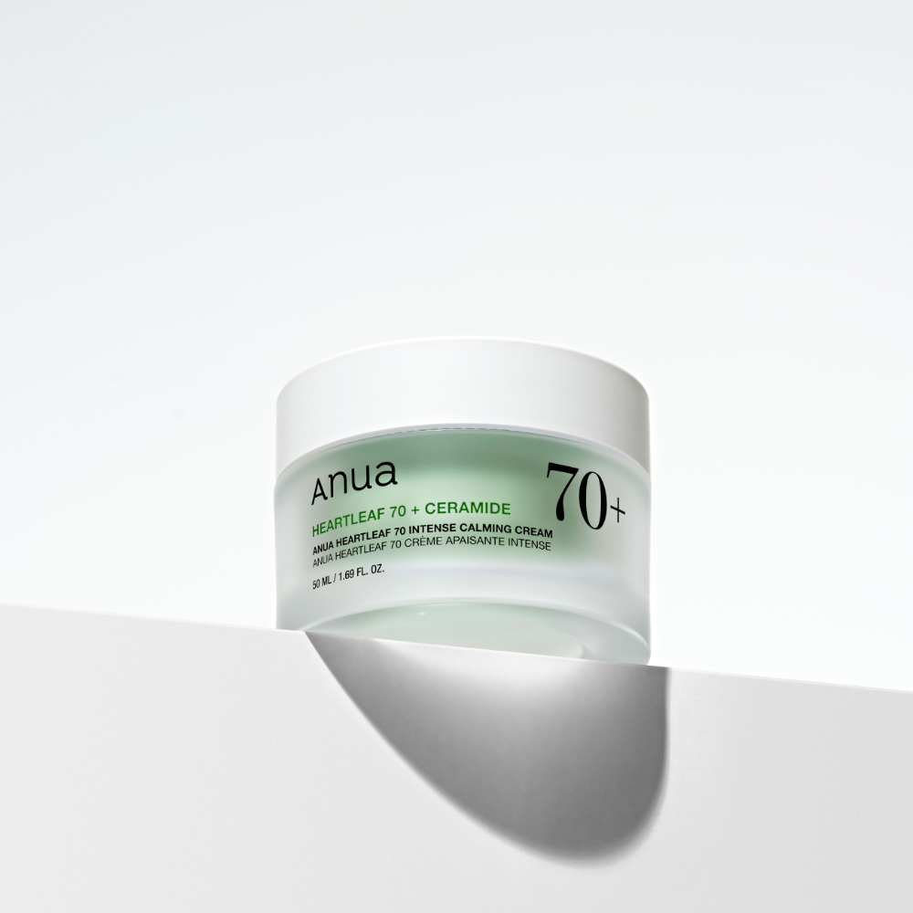 Imagem de Anua Heartleaf 70% Intense Calming Cream, com fórmula vegana e hidratante calmante, ideal para pele sensível.