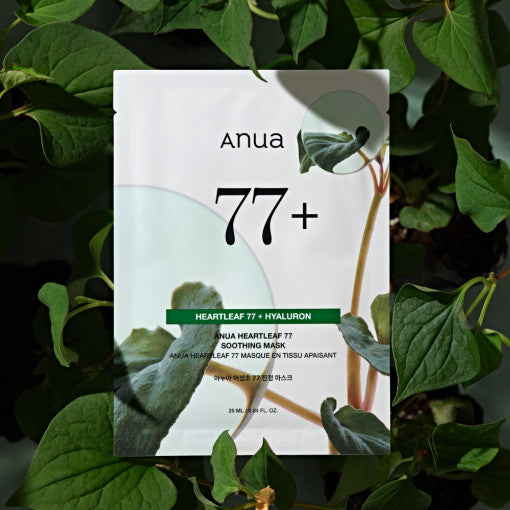 Imagem de Anua Heartleaf 77% Soothing Sheet Mask, com fórmula vegana e calmante, ideal para pele sensível e hidratada.