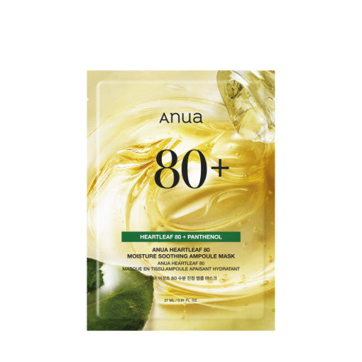 Imagem de Anua Heartleaf 80 Moisture Soothing Ampoule Mask, com fórmula vegana e calmante, ideal para pele sensível e hidratada.