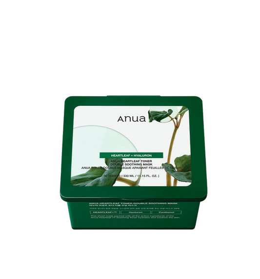 Imagem de Anua Heartleaf Toner Double Soothing Mask, com fórmula vegana e calmante, ideal para pele sensível e hidratada.