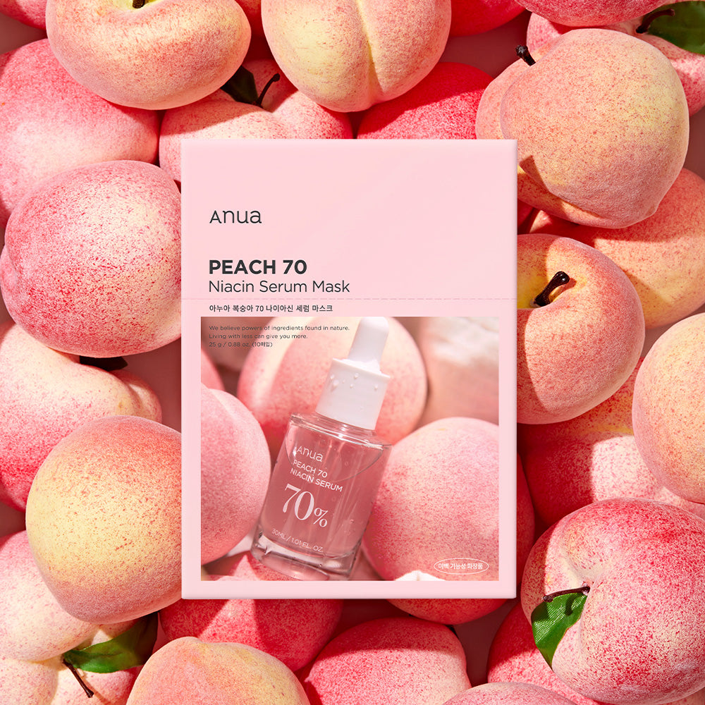 Imagem de Anua Peach 70 Niacin Serum Mask, com fórmula vegana e clareadora, ideal para pele hidratada e radiante.