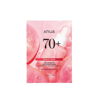 Imagem de Anua Peach 70 Niacin Serum Mask, com fórmula vegana e clareadora, ideal para pele hidratada e radiante.