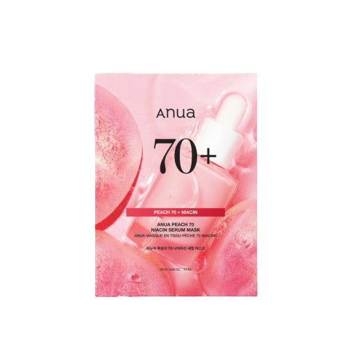 Imagem de Anua Peach 70 Niacin Serum Mask, com fórmula vegana e clareadora, ideal para pele hidratada e radiante.