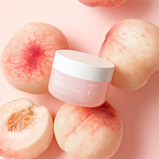 Imagem de Anua Peach 77 Niacin Enriched Cream, com fórmula vegana e hidratante, ideal para pele radiante e firme.