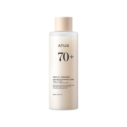 Imagem de Anua Rice 70 Glow Milky Toner, com fórmula vegana e clareadora, ideal para pele radiante e hidratada.