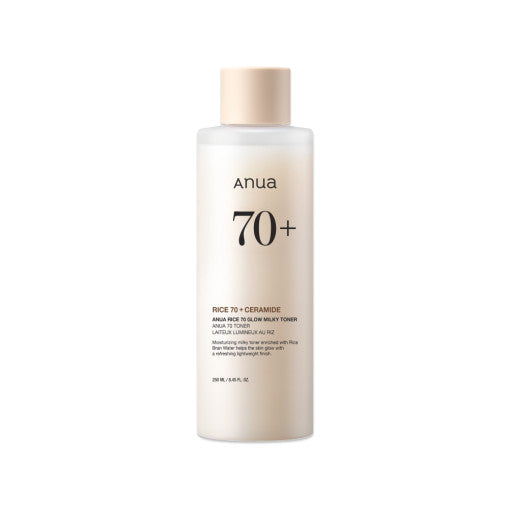 Imagem de Anua Rice 70 Glow Milky Toner, com fórmula vegana e clareadora, ideal para pele radiante e hidratada.