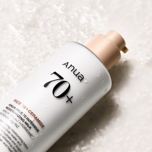 Imagem de Anua Rice 70 Intense Moisturizing Milk, com fórmula vegana e hidratante, ideal para pele radiante e suave.