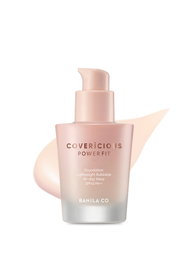 Imagem de BANILA CO Covericious Power Fit Foundation, com fórmula de alta cobertura e longa duração. Este produto oferece acabamento suave e radiante, adaptando-se a todos os tipos de pele. Ideal para quem busca uma base duradoura, com controle de oleosidade e resistência ao suor. Experimente agora!