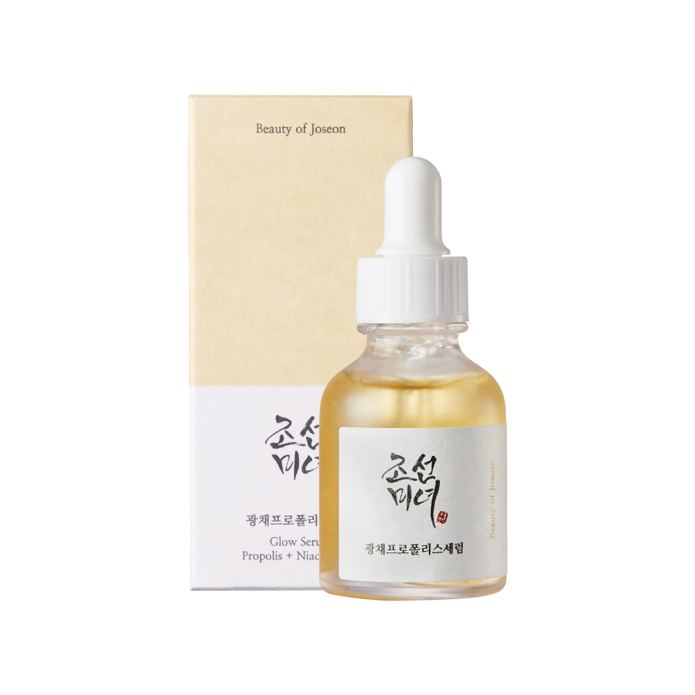 Imagem de Beauty of Joseon Glow Serum: Propolis + Niacinamide, um sérum vegano e cruelty-free que combina extrato de própolis e niacinamida para hidratação intensa e iluminação da pele. Ideal para todos os tipos de pele, este produto ajuda a melhorar a textura e a uniformidade do tom da pele, proporcionando um brilho saudável.