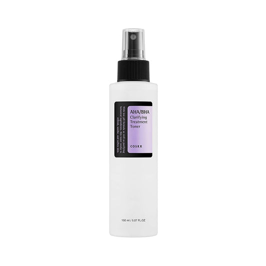 Imagem do COSRX AHA/BHA Clarifying Treatment Toner, com fórmula vegana e cruelty-free contendo ácidos AHA e BHA. Ideal para esfoliação suave, remoção de células mortas e clareamento da pele. Perfeito para peles oleosas e propensas a acne, ajudando a melhorar a textura e aparência geral da pele.