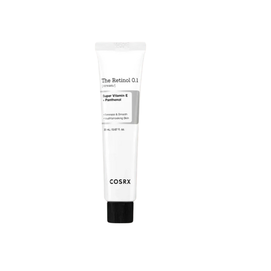 Imagem de COSRX The Retinol 0.1 Cream, com fórmula vegana e concentrada em retinol. Ideal para suavizar linhas finas e rugas, melhorar a elasticidade e proporcionar uma pele mais firme e revitalizada. Produto livre de crueldade animal e indicado para pele sensível.