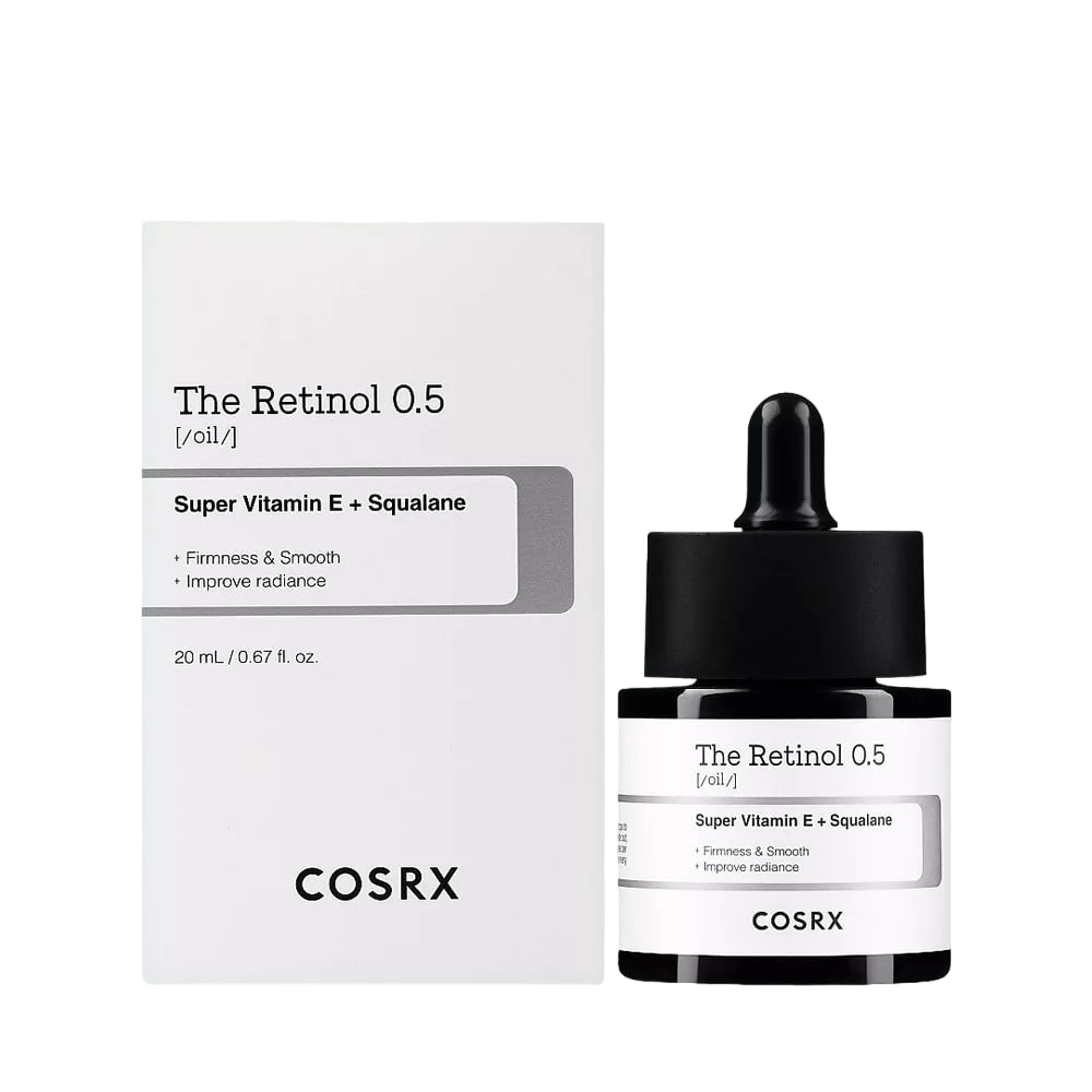 Imagem de COSRX The Retinol 0.5 Oil, com fórmula de retinol concentrado que suaviza rugas e melhora a elasticidade da pele. Ideal para tratamento anti-idade, proporcionando um efeito rejuvenescido e luminoso. Indicado para peles que buscam redução de linhas finas, melhora da textura e firmeza.