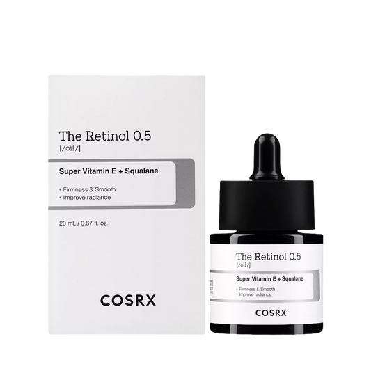 Imagem de COSRX The Retinol 0.5 Oil, com fórmula de retinol concentrado que suaviza rugas e melhora a elasticidade da pele. Ideal para tratamento anti-idade, proporcionando um efeito rejuvenescido e luminoso. Indicado para peles que buscam redução de linhas finas, melhora da textura e firmeza.