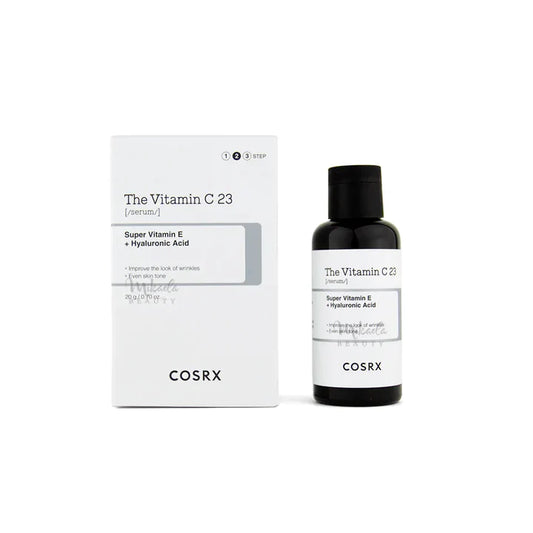 Imagem de COSRX The Vitamin C 23 Serum, com fórmula de 23% de vitamina C pura que oferece clareamento e redução de manchas escuras, além de iluminar e uniformizar o tom da pele. Produto vegano e cruelty-free, ideal para revitalizar e melhorar a textura da pele, promovendo uma aparência radiante e saudável.