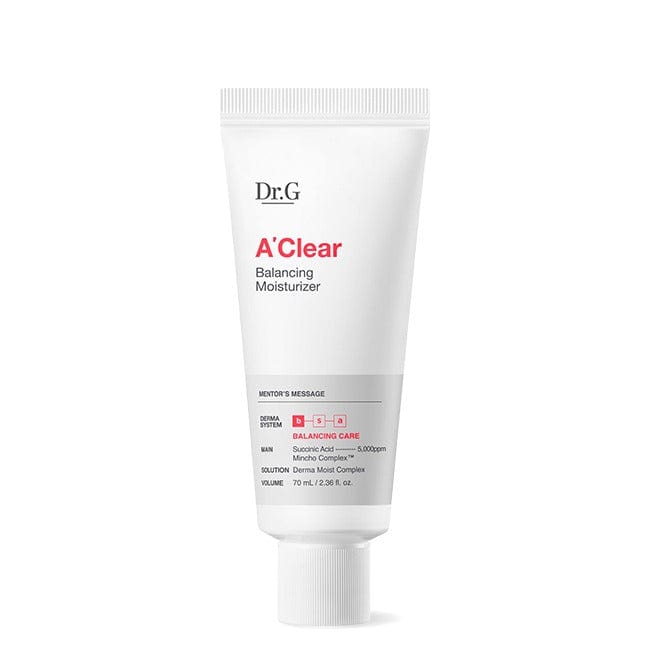 Imagem de Dr.G A' Clear Balancing Moisturizer, um hidratante leve, formulado para equilibrar a pele sensível e acneica, controlando a oleosidade enquanto oferece hidratação profunda com ingredientes calmantes. Ideal para reduzir a irritação e melhorar a textura da pele.