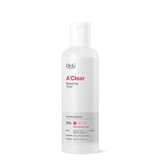 Imagem de Dr.G A' Clear Balancing Toner com fórmula calmante e ingredientes que ajudam a equilibrar a produção de oleosidade e restaurar a hidratação da pele. Ideal para peles sensíveis e acneicas, proporcionando uma sensação de frescor e proteção contra irritações, deixando a pele renovada e saudável.