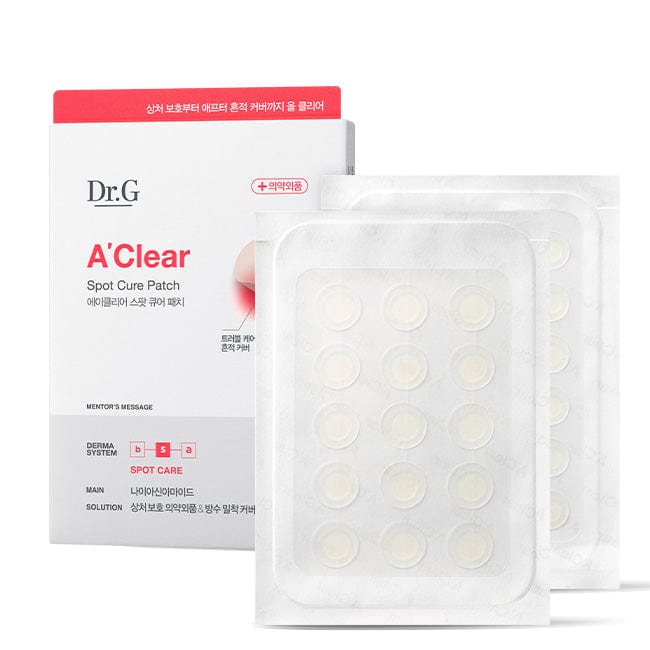 Imagem de Dr.G A'Clear Spotcure Patch, com tecnologia avançada para tratar acne e acelerar a cicatrização da pele. Patches finos e invisíveis que protegem a pele de impurezas externas enquanto tratam áreas afetadas pela acne. Ideal para uso diário, prevenindo cicatrizes e mantendo a pele limpa.