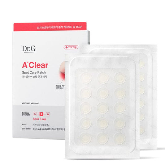 Imagem de Dr.G A'Clear Spotcure Patch, com tecnologia avançada para tratar acne e acelerar a cicatrização da pele. Patches finos e invisíveis que protegem a pele de impurezas externas enquanto tratam áreas afetadas pela acne. Ideal para uso diário, prevenindo cicatrizes e mantendo a pele limpa.