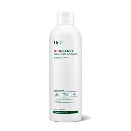 Imagem de Dr.G R.E.D Blemish Clear Soothing Toner, formulado com Centella Asiatica e madecassoside, ideal para acalmar e hidratar a pele sensível, minimizando a vermelhidão e irritação. Produto desenvolvido especialmente para peles sensíveis e propensas a irritação.