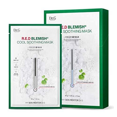 Imagem de Dr.G R.E.D Blemish Cool Soothing Mask, uma máscara calmante e refrescante formulada para reduzir vermelhidão e acalmar irritações. Composta por ingredientes como extrato de Centella Asiatica, hidrata e revitaliza peles sensíveis, promovendo uma sensação de frescor duradouro.