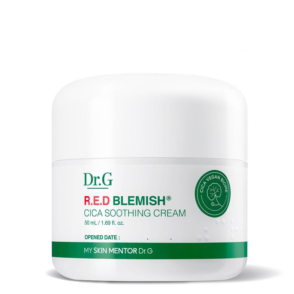 Imagem de Dr.G Red Blemish CICA Soothing Cream, mostrando sua fórmula rica em Centella Asiatica e madecassoside, ideal para hidratar e acalmar a pele sensível e irritada. O produto é projetado para fortalecer a barreira da pele, oferecendo um alívio eficaz para peles sensíveis e propensas a vermelhidão.