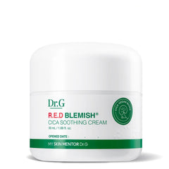 Imagem de Dr.G Red Blemish CICA Soothing Cream, mostrando sua fórmula rica em Centella Asiatica e madecassoside, ideal para hidratar e acalmar a pele sensível e irritada. O produto é projetado para fortalecer a barreira da pele, oferecendo um alívio eficaz para peles sensíveis e propensas a vermelhidão.