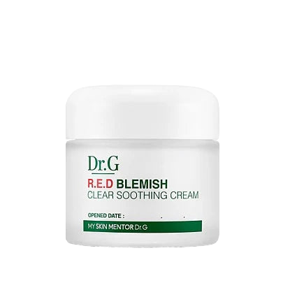 Imagem de Dr.G Red Blemish Clear Soothing Cream, ideal para pele sensível. O creme oferece ação calmante e hidratante, reduzindo vermelhidão e inflamações com Centella Asiatica e Pantenol, fortalecendo a barreira da pele e proporcionando uma pele macia e revitalizada.