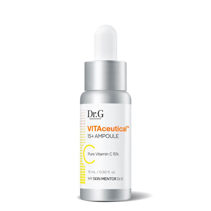 Imagem de Dr.G Vitaceutical 15+ Ampoule, com fórmula rica em 15% de vitamina C para clarear manchas, nutrir profundamente e revitalizar a pele. Este sérum oferece ação antioxidante, uniformiza o tom e protege contra danos ambientais, sendo ideal para pele seca, opaca e com sinais de envelhecimento.