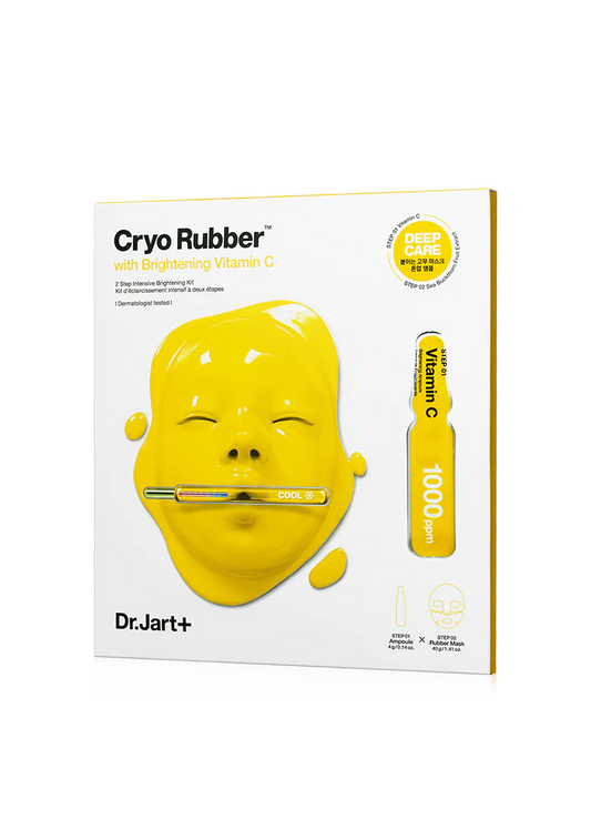 Imagem de Dr.Jart+ Cryo Rubber With Brightening Vitamin C, uma máscara de borracha hidratante e clareadora com fórmula de vitamina C. A máscara oferece uma ação refrescante e revitalizante, ajudando a uniformizar o tom da pele e melhorar a luminosidade. Ideal para pele cansada e sem brilho.