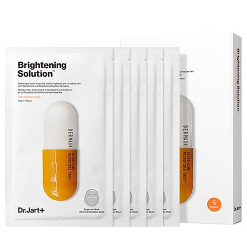 Imagem de Dr.Jart+ Dermask Brightening Solution Face Mask, com fórmula clareadora e ingredientes como niacinamida e glutationa, que ajudam a reduzir manchas escuras e iluminar a pele. Ideal para pessoas que buscam uma pele radiante, uniforme e hidratada com um tratamento intensivo.