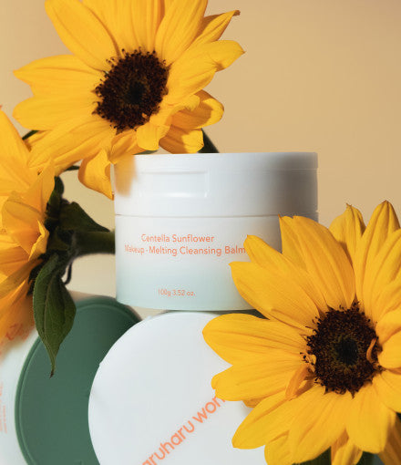 Imagem do Haru Haru Centella Sunflower Makeup-Melting Cleansing Balm, um bálsamo de limpeza vegano e cruelty-free que derrete a maquiagem, enquanto hidrata e acalma a pele com centella asiatica e extratos de girassol, ideal para uma limpeza suave e eficaz.