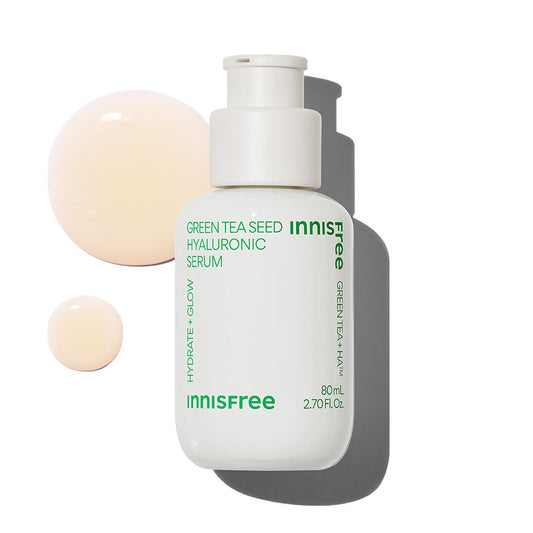 Imagem do Innisfree Green Tea Seed Hyaluronic Serum, enriquecido com extrato de chá verde e ácido hialurônico, que oferece hidratação intensa e renovação profunda. Ideal para todos os tipos de pele, proporcionando suavidade, brilho e revitalização para uma aparência mais jovem e saudável.