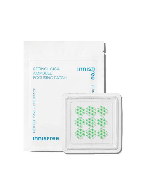 Imagem do Innisfree Retinol Cica Ampoule Focusing Patch, com retinol e centella asiática, que atua diretamente em manchas e imperfeições, proporcionando cuidados intensivos para a pele. Ideal para peles com tendência a acne, promovendo a renovação celular e uniformização da pele.