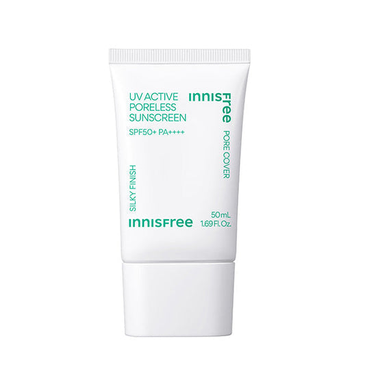 Imagem do Innisfree UV Active Poreless Sunscreen, com alta proteção UV de amplo espectro e fórmula que ajuda a minimizar a aparência dos poros. Ideal para todos os tipos de pele, especialmente mistas e oleosas, proporcionando uma pele suave, protegida e com menos imperfeições visíveis ao longo do dia.