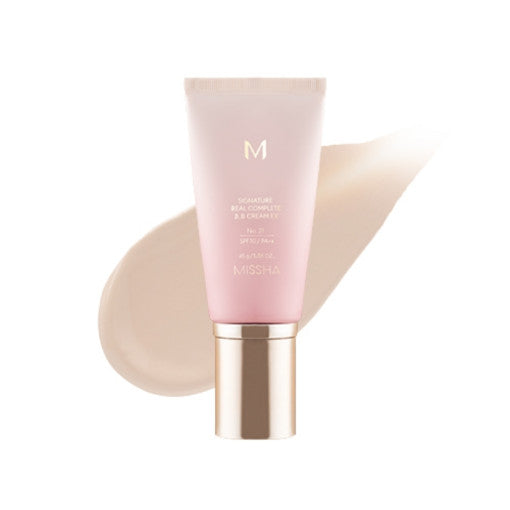 Imagem do MISSHA M Signature Real Complete BB Cream, que oferece cobertura natural e hidratação, combinando cuidados antienvelhecimento e proteção UV. Ideal para todos os tipos de pele, especialmente maduras, proporcionando um acabamento suave, uniforme e luminoso, enquanto cuida da elasticidade e firmeza da pele.