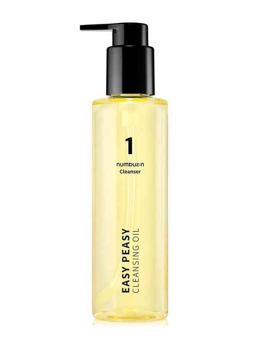 Imagem do Numbuzin No.1 Easy Peasy Cleansing Oil, formulado para remover suavemente impurezas, excesso de oleosidade e maquiagem, sem ressecar a pele. Ideal para todos os tipos de pele, proporcionando uma sensação de frescor e suavidade após cada uso, deixando a pele limpa e equilibrada.