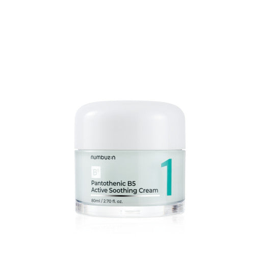 Imagem do Numbuzin No.1 Pantothenic B5 Active Soothing Cream, formulado com pró-vitamina B5, que acalma e hidrata intensamente a pele, proporcionando alívio para peles sensíveis ou irritadas. Ideal para todos os tipos de pele, especialmente as sensíveis, deixando a pele macia, equilibrada e nutrida.