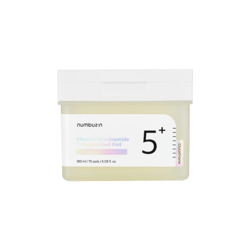 Imagem do Numbuzin No.5+ Vitamin-Niacinamide Concentrated Pad, enriquecido com vitaminas e niacinamida, que ajuda a clarear manchas, uniformizar o tom da pele e suavizar sua textura. Ideal para todos os tipos de pele, promovendo uma pele mais radiante, hidratada e equilibrada.