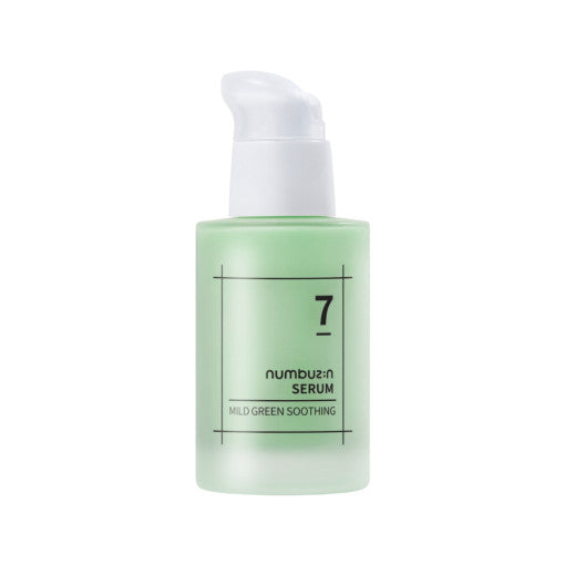 Imagem do Numbuzin No.7 Mild Green Soothing Serum, formulado com ingredientes naturais e calmantes que proporcionam alívio imediato e hidratação suave para peles sensíveis e irritadas. Ideal para todos os tipos de pele, especialmente para quem busca conforto e hidratação equilibrada.