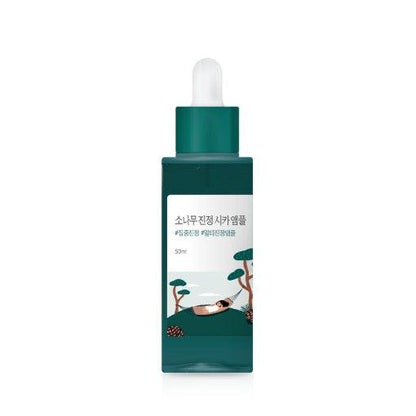 Imagem do Round Lab Pine Calming Cica Ampoule, formulado com cica e extrato de pinho, que acalma a pele sensível, reduzindo a vermelhidão e promovendo reparação intensiva. Ideal para todos os tipos de pele, especialmente as sensíveis e irritadas, deixando a pele equilibrada e suave.